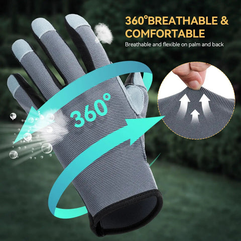 Womens Deerskin Leather Work Gloves With Breathable Back For Gardening And Yard Work, Great Grip On Pruners And Tools, Touchscreen Thumb And Index For Easy Phone Use, EN388 3133X Protection For Driving, Comfortable Fit Small, showing breathable and flexible back design.