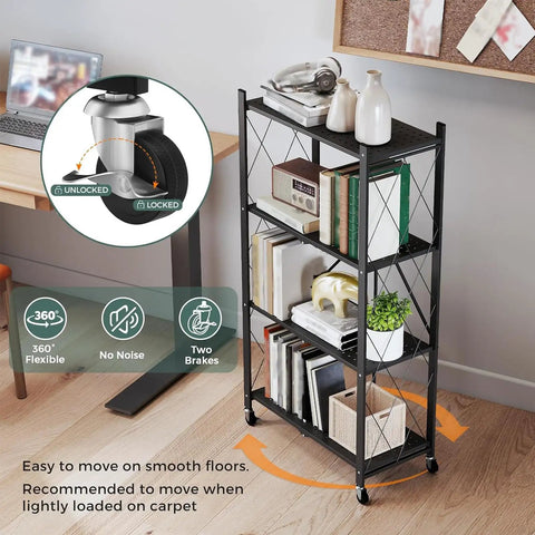 Super Durable Triple Tier Metal Wire Shelf That Is Hella Versatile For Kitchen Pantries Garages And Bedrooms Easy Foldable Design Makes Clutter Disappear Fast with locking wheels and books.