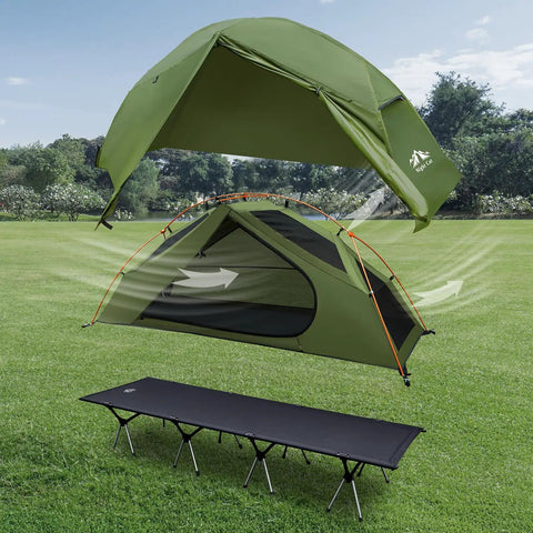 Green Camping Cot Tent Combo For Solo Adventures Waterproof Off Ground Bed For Adults 1 Person Ultra Portable Easy Setup