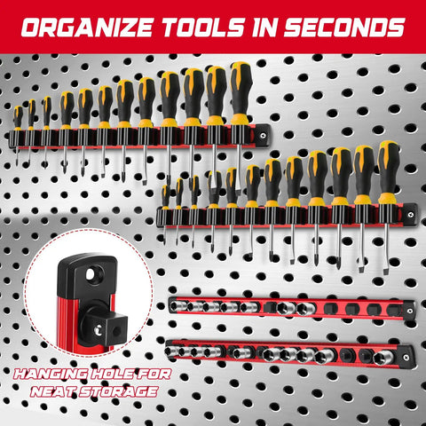 Six Piece Magnetic Socket Organizer And Screwdriver Organizer Set with Three Socket Rails for various drive sizes hanging on a wall