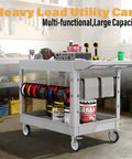 Heavy Duty Utility Rolling Tool Cart With 1000 Lb Capacity, Flat Top Plastic Cart With Two Trays And Easy Rolling Wheels in workshop