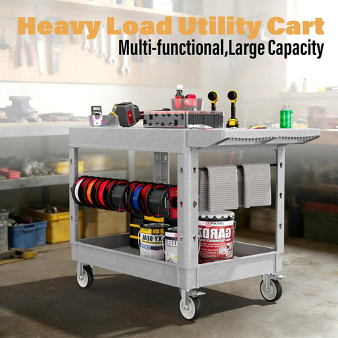 Heavy Duty Utility Rolling Tool Cart With 1000 Lb Capacity, Flat Top Plastic Cart With Two Trays And Easy Rolling Wheels in workshop