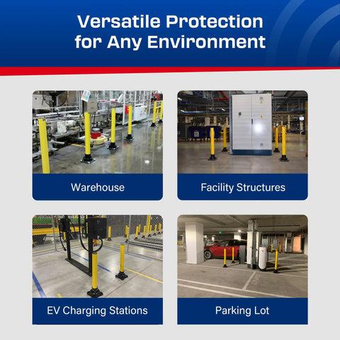 Hardened Steel Rebounding Bollard Post With Shock Absorbing Elastomer Base For Bulletproof Parking Area Security And Durable Vehicle Barrier Protection Built Tough As Nails In The USA At 4X42 in warehouse and facility structure settings.