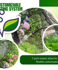 Customizable misting system with 10 Pack Brass Misting Nozzles Tee 8 Inch 360 Degree Adjustable Copper Sprayer setup in a garden