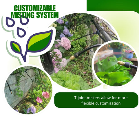 Customizable misting system with 10 Pack Brass Misting Nozzles Tee 8 Inch 360 Degree Adjustable Copper Sprayer setup in a garden