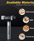Pro Grade CNC Spoilboard Surfacing Router Bit With One Quarter Inch Shank And One Inch Cutting Diameter Three Wing Carbide For Slab Flattening Planing And Slotting In Hardwood MDF Plywood And Acrylic Built Tough with material suitability illustration for solid wood, MDF, plywood, and particle board.
