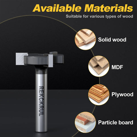 Pro Grade CNC Spoilboard Surfacing Router Bit With One Quarter Inch Shank And One Inch Cutting Diameter Three Wing Carbide For Slab Flattening Planing And Slotting In Hardwood MDF Plywood And Acrylic Built Tough with material suitability illustration for solid wood, MDF, plywood, and particle board.