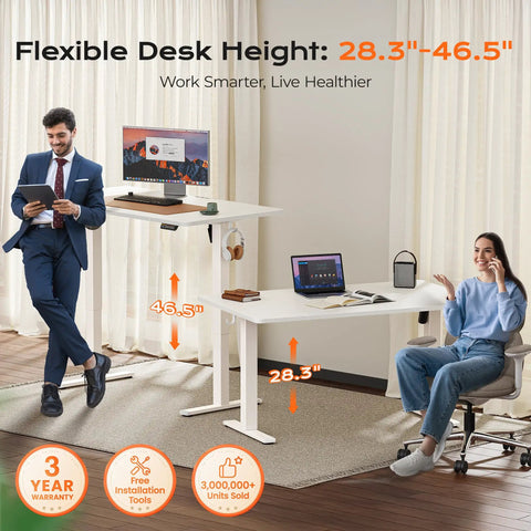 Massive 55 Inch Electric Standing Desk White Huge Gaming Computer Table Height Adjustable Stand Up Workstation with height markings.