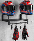 Solid Wood and Metal Motorcycle Helmet Holder Wall Mount with Four Glove Clips, Gear Rack Organizer in Black holding two helmets