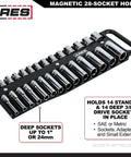 Magnetic Socket Holder Set 3-Piece Black with 14 standard and 14 deep 3/8 inch drive sockets for SAE and Metric sizes. Holds up to 76 sockets.