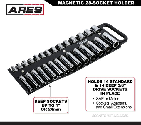Magnetic Socket Holder Set 3-Piece Black with 14 standard and 14 deep 3/8 inch drive sockets for SAE and Metric sizes. Holds up to 76 sockets.