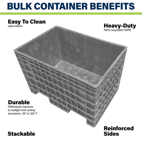 Dang Tough Heavy Duty Plastic Bulk Storage Tote, 42X29X28 Inch Stackable Pallet Box, solid interior design and reinforced sides.