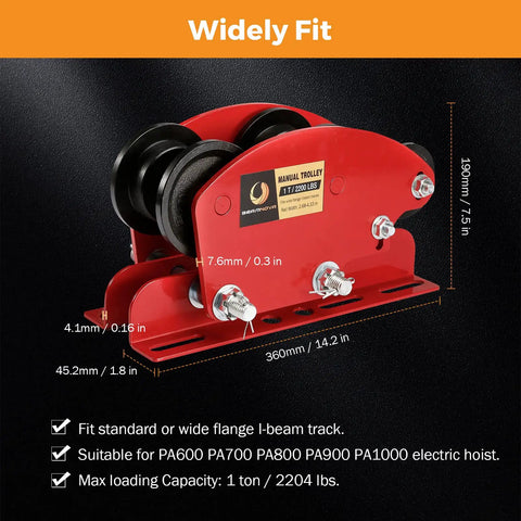 1 Ton I Beam Manual Trolley With Geared Push Operation For Overhead Hoist Heavy Duty 6 Wheel Wide Flange Track Smooth Rolling