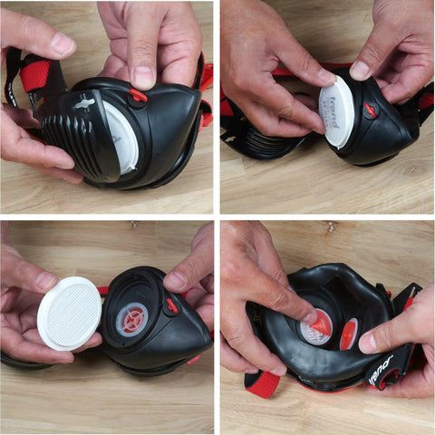 Dust Mask With Replaceable Twin HEPA Filters For Woodworking And Construction, Half Face Pro Grade Mask being adjusted