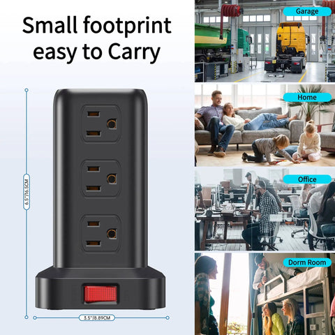 Side view of 16 In 1 Tower Power Strip With 12 AC Outlets And 4 USB Ports Including USB C, 6.5 Ft Extension Cord, Surge Protector
