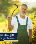 Gardener holding Nejiri Kama Weeding Sickle Tool With Razor Sharp 4 Inch Drop Forged Blade For Quick Weed Removal in a garden