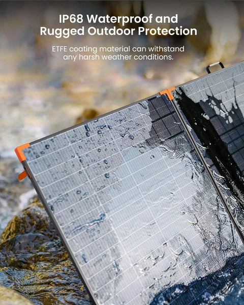 450W Portable Foldable Solar Panel Charger For Off Grid RV Power Backup IP68 Waterproof showing water resistance on rocky ground