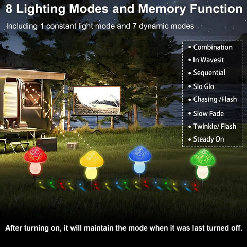 Warm White Mini Solar Mushroom Lights For Outdoor Garden Pathway Waterproof Flexible Copper Wire String Lights glowing in 8 modes.