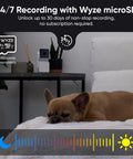 Pan Tilt 360 Degree 1080P WiFi Security Camera With Color Night Vision Outdoor Indoor IP65 Rated on table, dog resting nearby