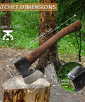14.4 Inch Hatchet For Camping And Survival With Sheath, Beefy Bushcraft Axe shown in forest, dimensions highlighted, 1065 carbon steel blade