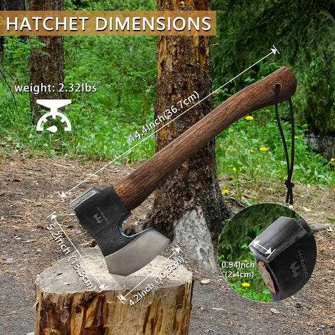 14.4 Inch Hatchet For Camping And Survival With Sheath, Beefy Bushcraft Axe shown in forest, dimensions highlighted, 1065 carbon steel blade
