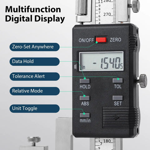 Digital Height Gauge Pro Grade With 0.01mm Resolution And 0.02mm Tolerance In ABS And INC Modes showing multifunction display.