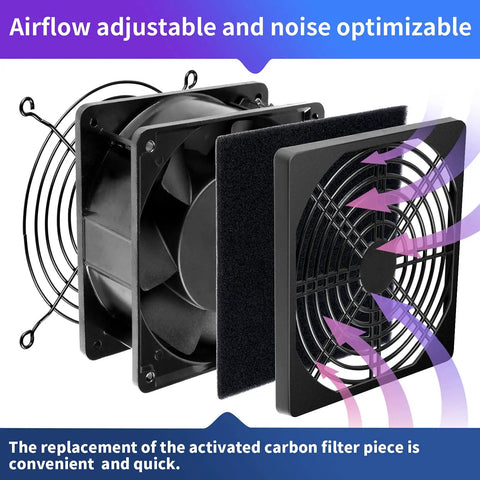 Exploded view of Solder Smoke Absorber Fan With Speed Controller For Fume Remover Smoke Extractor 120mm showing fan and carbon filter