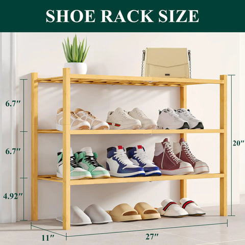 Three Tier Bamboo Shoe Rack Organizer Stackable Free Standing Wooden Shoe Storage Shelf For Closet Entryway Front Door