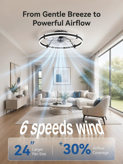 Modern 24 Inch Low Profile Ceiling Fan With Dimmable LED Light And Wireless Remote Slick Black Design in bright living room.