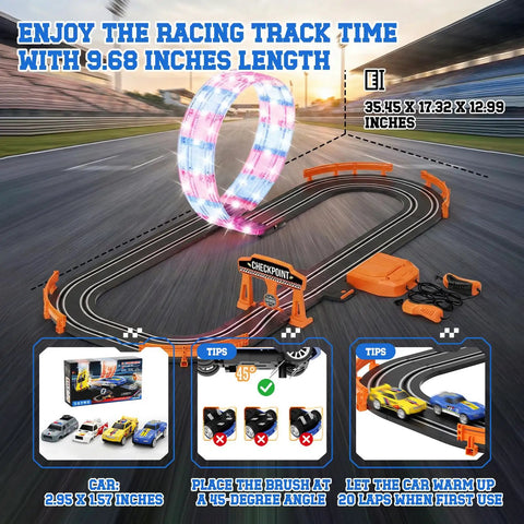 9.86Ft 2-In-1 Slot Car Track Set With Four Cars Dual Racing Mode Battery Or Electric Power Includes Lap Counter And Flash Circular Track Great Gift For Boys Birthday Xmas Toy Car Racing; image shows track layout with glowing loop and cars.