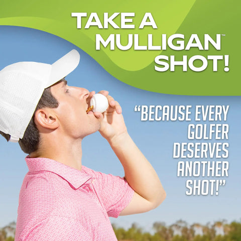 Golfer drinking from Mulligan Shots Golf Ball Shot Glass on course with slogan "Take a Mulligan Shot!" visible.