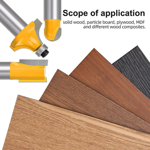 Close-up of 70 Piece One Half Inch Shank Tungsten Carbide Router Bit Set with wood samples showing application scope