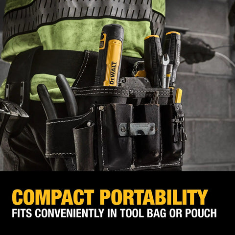 Compact Ergonomic 4V USB Rechargeable Cordless Screwdriver With 12 Bit Set in tool belt for DIY home repairs.