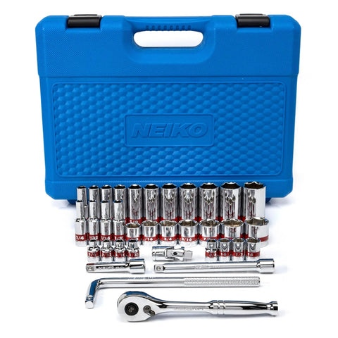 Three Eighths Inch Drive Ratchet And Socket Set, 53 Piece, Standard And Deep Metric And SAE Sockets From Five Sixteenths To Seven Eighths, Chrome Vanadium Steel Construction, Heavy Duty Auto Repair And DIY Wrench Kit in blue carrying case