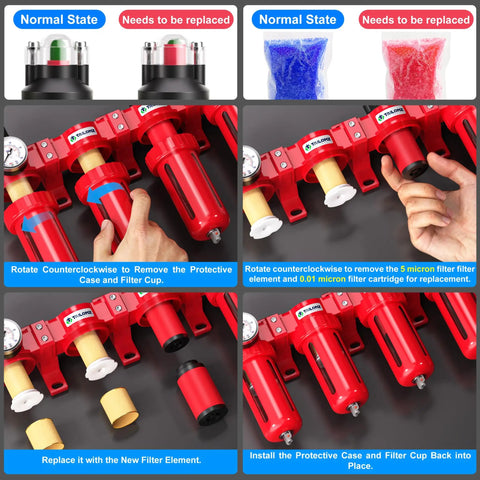 Step-by-step filter replacement guide for Half Inch NPT Air Drying System With Four Stage Filtration Desiccant Dryer And Regulator