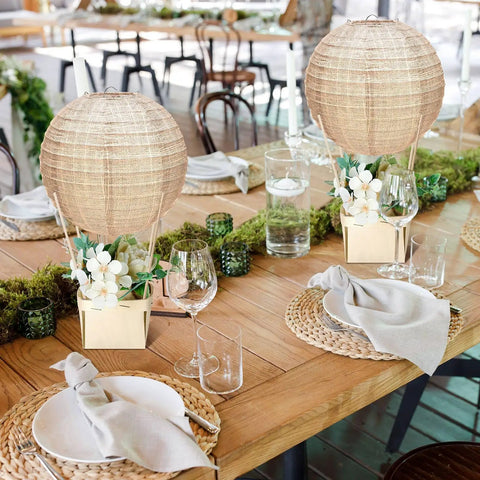 Rustic table setting with 12 Sets Burlap Paper Lanterns and Wooden Centerpieces Kit for Baby Shower and Wedding Decor DIY Boho Chic.