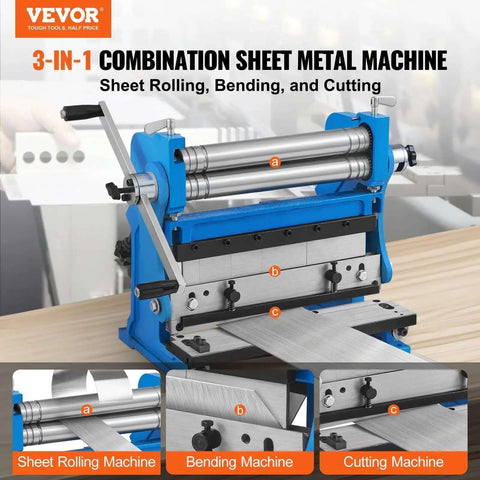 12 Inch 3 In 1 Sheet Metal Brake Shear Roll Machine With 90 Degree Bend for 20 Gauge Metal, displayed in a workshop setting.