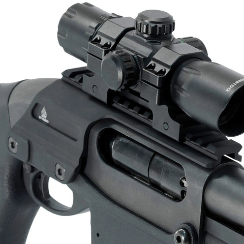 Close-up of 12 Gauge Optic Mount For Shotguns With Full Length Picatinny Rail And Bead Sight Access Matte Black Aluminum