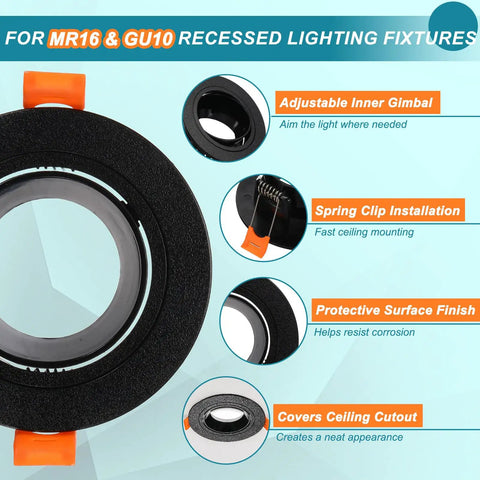 VIAPUICE MR16 GU10 Recessed Light Trim 2.6" Aperture with Spring Clip 2 Pcs showing adjustable inner gimbal and spring clip.