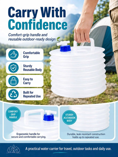 Foldable Water Container With Spigot For Camping And Travel 3 Liter Accordion Water Jug With Handle Leakproof Spout in use outdoors
