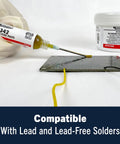 MG Chemicals RA Rosin Flux Paste 8342 syringe applying flux to PCB with jar in background, highlighting compatibility with solders