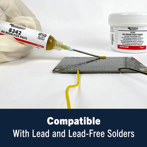 MG Chemicals RA Rosin Flux Paste 8342 syringe applying flux to PCB with jar in background, highlighting compatibility with solders