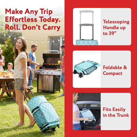 Woman using Ultra Compact Smart Cart Cooler with Extended Insulation Collapsible Rolling Tailgate Tote for BBQ and Beach, Moroccan Tile