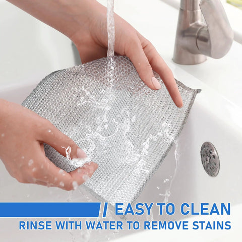 Hands rinsing Heavy Duty Non Scratch Steel Wool Dishcloths And Scrubber Pads Kitchen Cleaning Set under running water.