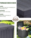 Man using Rugged Outdoor Deck Box 51 Gallon Storage Chest For Patio And Porch, Weatherproof Grey Plastic Resin Bin With Lid outdoors