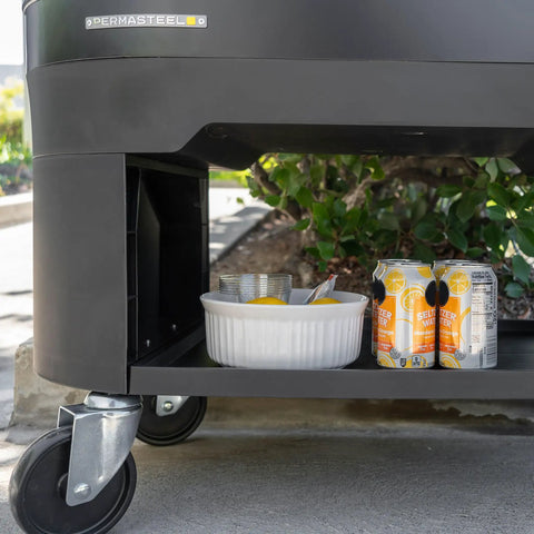 Lower view of 120-Qt Rolling Ice Chest Cooler Cart With Wheels And Drink Dividers, showing storage shelf with cans and dish