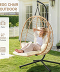 Hanging Egg Chair With Five Level Adjustable Footrest And Stand Wicker Rattan Swing Hammock Chair With Cushion in garden setup
