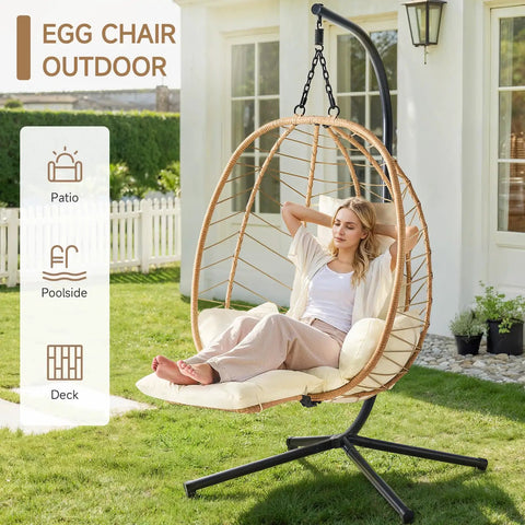 Hanging Egg Chair With Five Level Adjustable Footrest And Stand Wicker Rattan Swing Hammock Chair With Cushion in garden setup