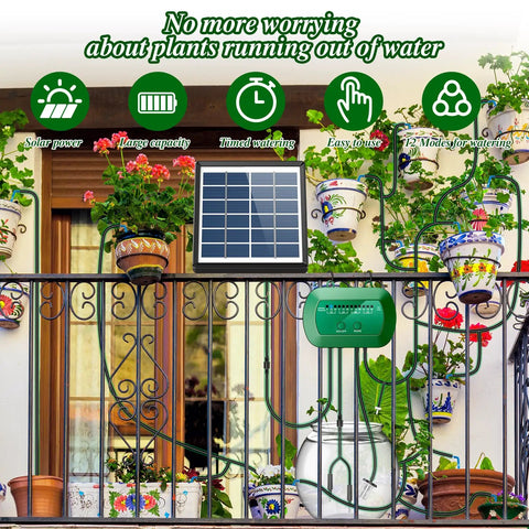 Solar Drip Irrigation System Auto Watering Kit For 15 Pots With 49 Ft Hose on balcony with plants and solar panel