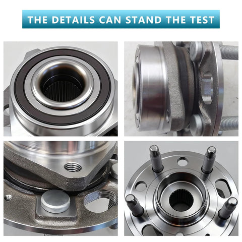 Close-up views of Front And Rear Wheel Hub Bearing Assembly 513288 Fits 2010 To 2020 Chevy Equinox Impala Malibu Limited GMC Terrain with five lug and ABS.